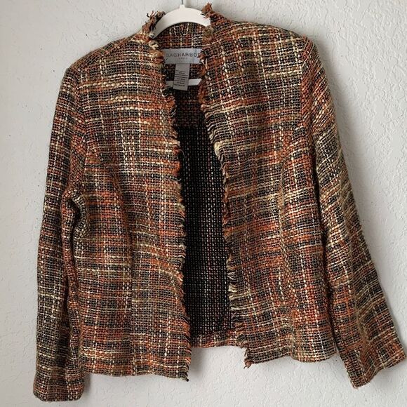 Sag Harbor Jackets & Blazers - Sag Harbor Women's Orange and Brown Tweed Blazer Cardigan Open Front Size 12T